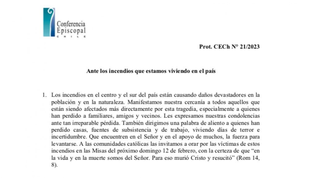 Obispos del Comité Permanente: “Manifestamos nuestra cercanía a todos los afectados por los incendios”